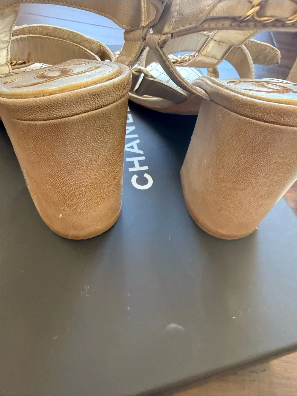 CHANEL Gold Quilted Chain-Trim Heel Strap Sandals with box